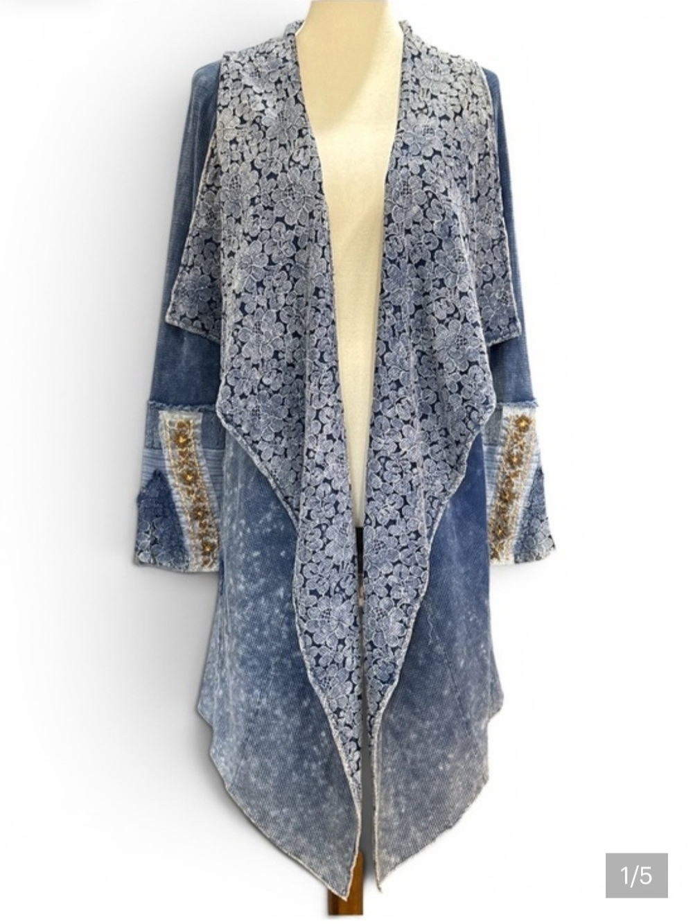 Aratta Blue Lace-Front Open Shawl with Gold Trim